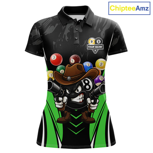 Black and green 8 ball and 9 ball billiard polo shirt for women with custom pool team graphics.