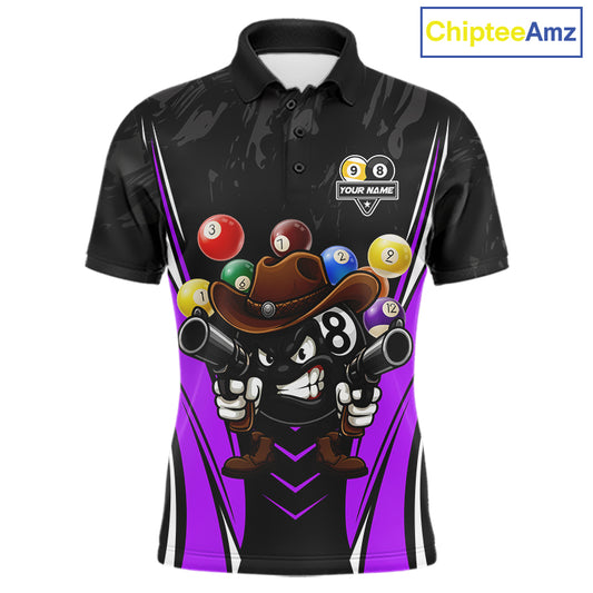 Black and purple 8 ball and 9 ball billiard polo shirt for men with custom pool team graphics.