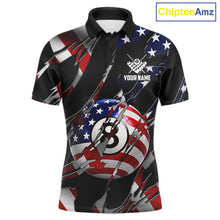 Load image into Gallery viewer, American flag 8 ball pool billiard polo shirt for men with patriotic pool team graphics.