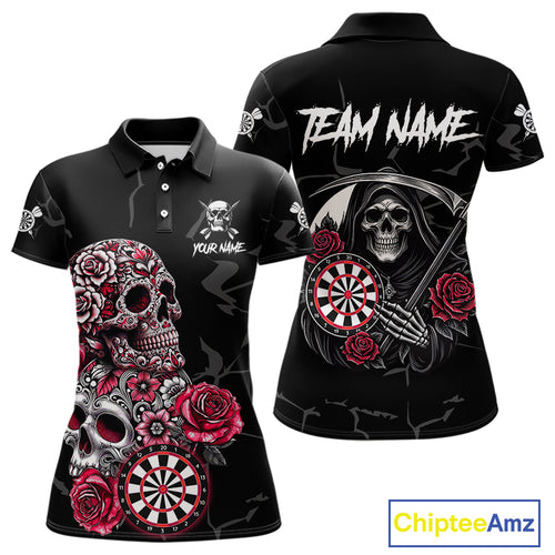Personalized Red Funny Skull Roses Darts Shirt For Women Custom Darts Team Jersey, Darts Outfit TDM4356