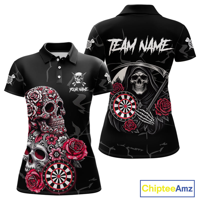 Personalized Red Funny Skull Roses Darts Shirt For Women Custom Darts Team Jersey, Darts Outfit TDM4356