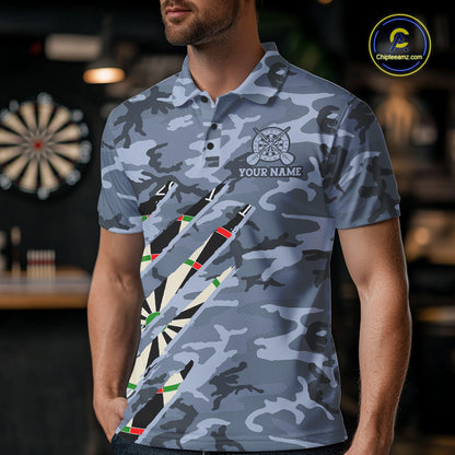 Man wearing personalized blue military camo darts league team jersey polo shirt featuring blue military camouflage artwork, front view.