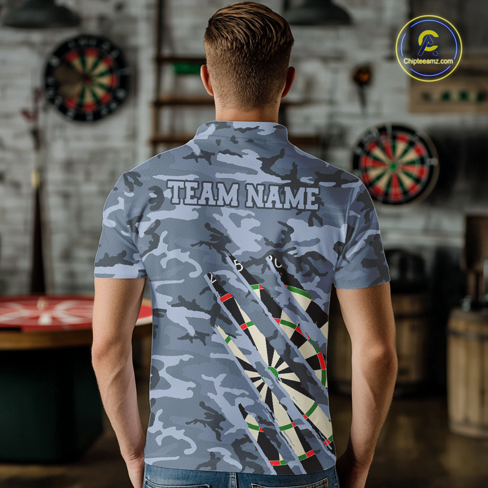 Man wearing personalized blue military camo darts league team jersey polo shirt featuring blue military camouflage artwork, back view.