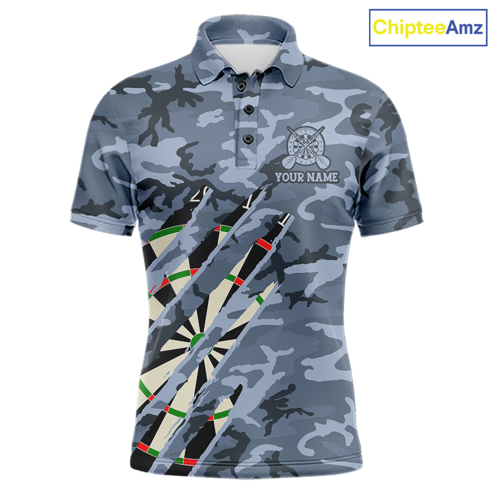 Personalized blue military camo darts league team jersey polo shirt for men featuring blue camouflage artwork, premium custom darts league apparel for tournaments and competitive teams.