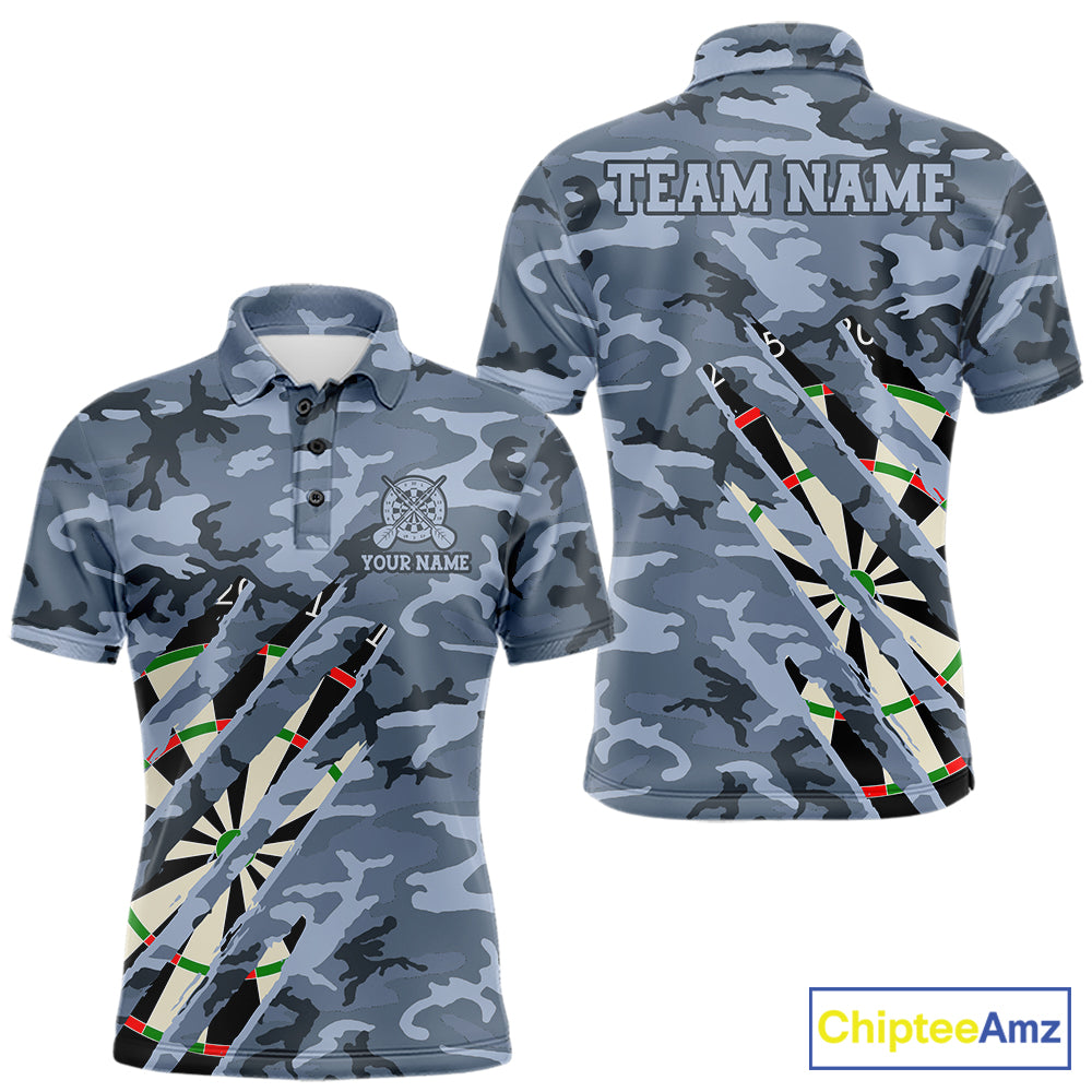Personalized blue military camo darts league team jersey polo shirt for men featuring blue camouflage artwork, premium custom darts league apparel for tournaments and competitive teams.