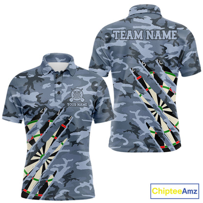 Personalized blue military camo darts league team jersey polo shirt for men featuring blue camouflage artwork, premium custom darts league apparel for tournaments and competitive teams.