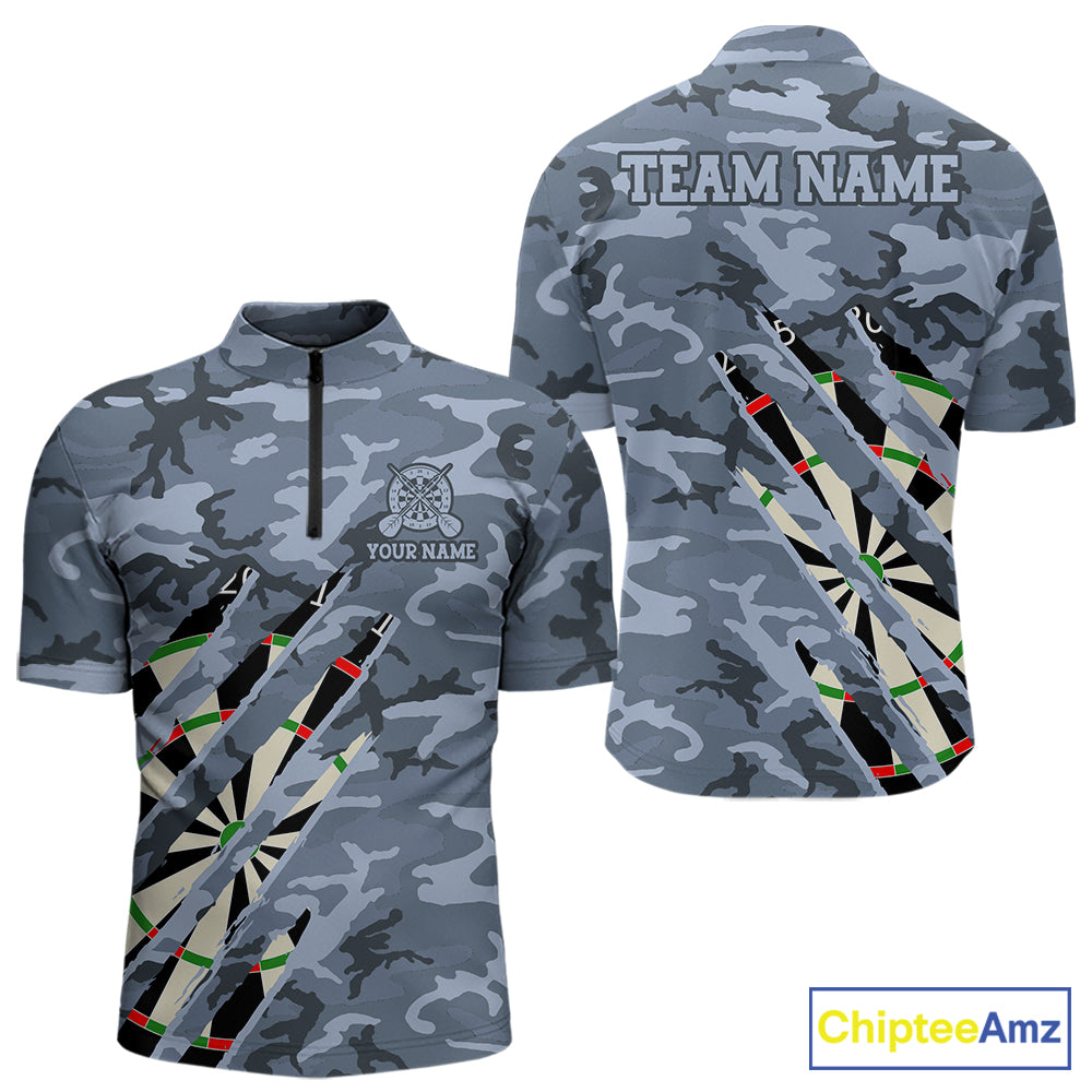 Personalized blue military camo darts league team jersey quarter zip shirt for men featuring blue camouflage graphics, premium custom darts apparel.