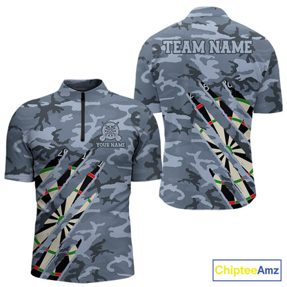 Personalized blue military camo darts league team jersey quarter zip shirt for men featuring blue camouflage graphics, premium custom darts apparel.