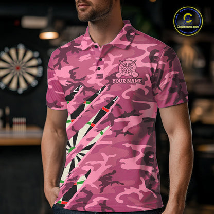Man wearing personalized pink military camo darts league team jersey polo shirt featuring pink military camouflage artwork, front view.