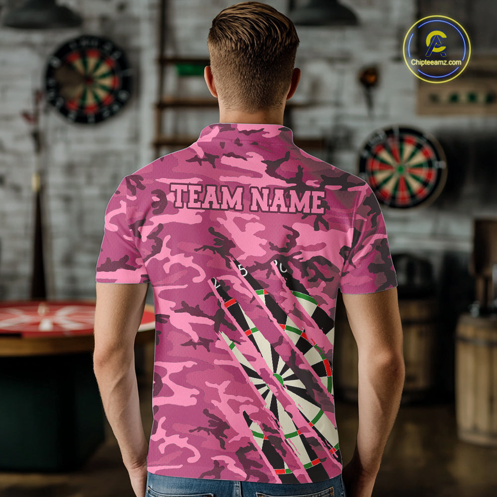 Man wearing personalized pink military camo darts league team jersey polo shirt featuring pink military camouflage artwork, back view.