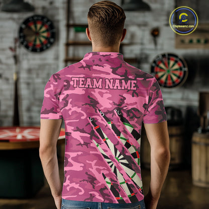 Man wearing personalized pink military camo darts league team jersey polo shirt featuring pink military camouflage artwork, back view.