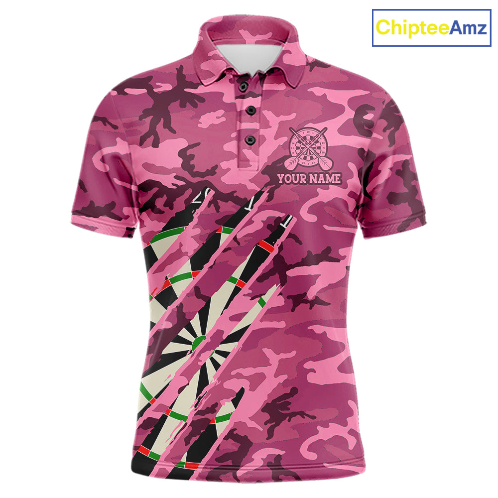 Personalized pink military camo darts league team jersey polo shirt for men featuring pink camouflage artwork, premium custom darts league apparel for tournaments and competitive teams.