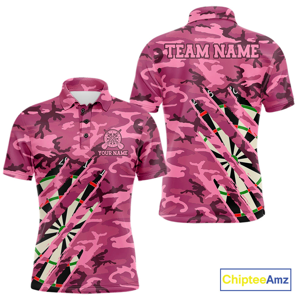 Personalized pink military camo darts league team jersey polo shirt for men featuring pink camouflage artwork, premium custom darts league apparel for tournaments and competitive teams.