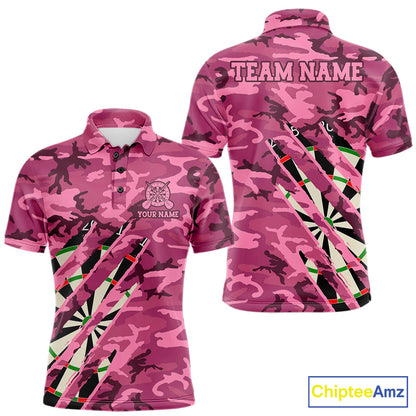 Personalized pink military camo darts league team jersey polo shirt for men featuring pink camouflage artwork, premium custom darts league apparel for tournaments and competitive teams.
