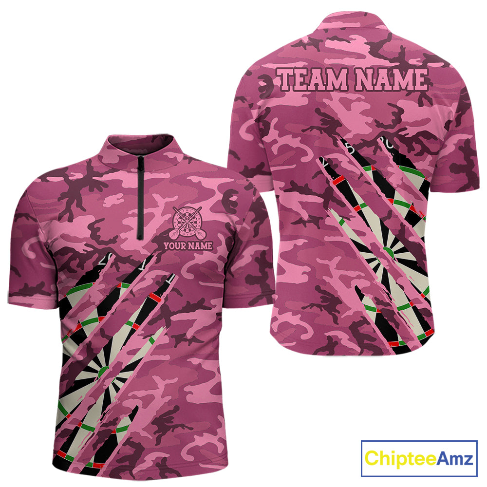 Personalized pink military camo darts league team jersey quarter zip shirt for men featuring pink camouflage graphics, premium custom darts apparel.