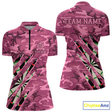 Load image into Gallery viewer, Personalized pink military camo darts league team jersey quarter zip shirt for women featuring pink camouflage graphics, premium custom darts apparel.