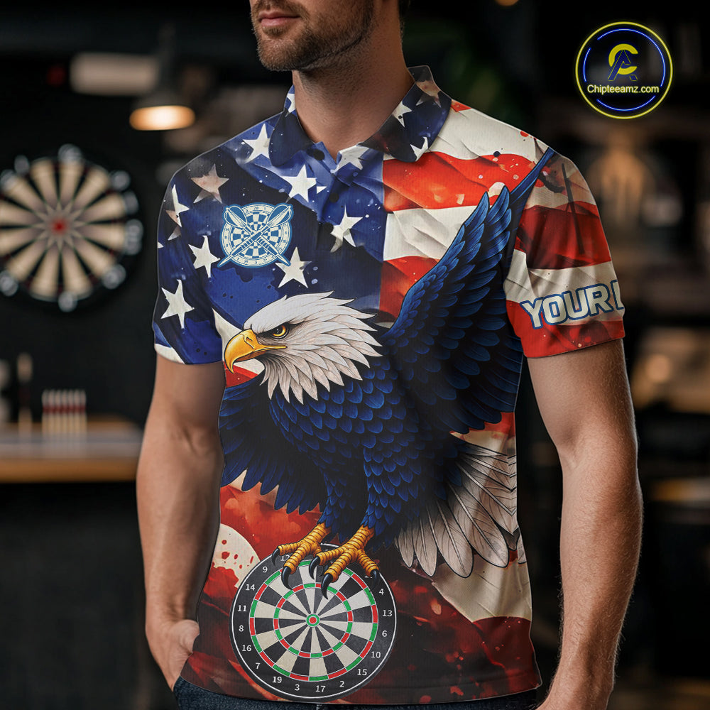 Man wearing personalized American flag eagle darts team jersey polo shirt featuring patriotic eagle artwork, front view.