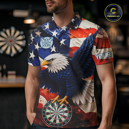 Man wearing personalized American flag eagle darts team jersey polo shirt featuring patriotic eagle artwork, front view.