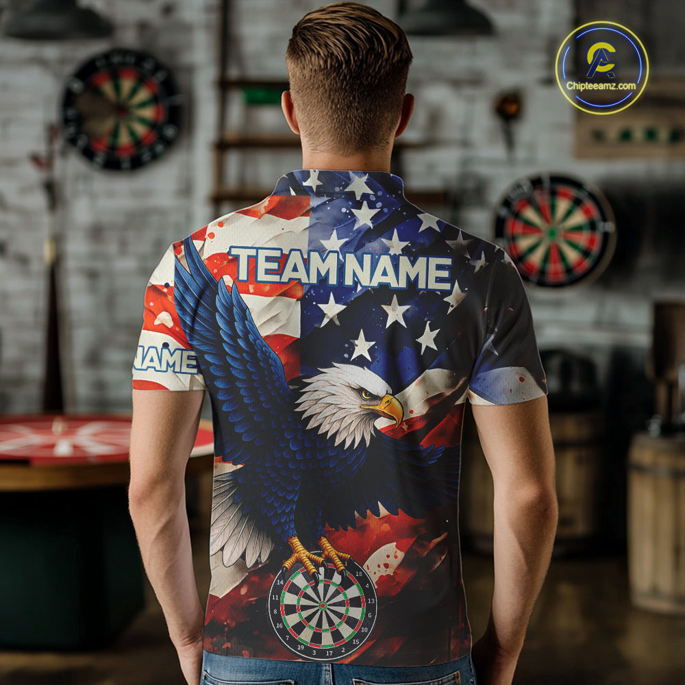 Man wearing personalized American flag eagle darts team jersey polo shirt featuring patriotic eagle artwork, back view.