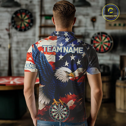 Man wearing personalized American flag eagle darts team jersey polo shirt featuring patriotic eagle artwork, back view.