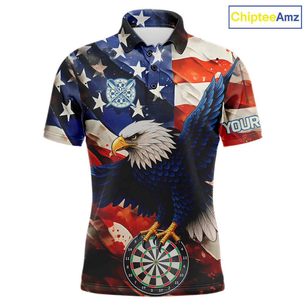 Personalized American flag eagle darts team jersey polo shirt for men featuring patriotic eagle and American flag artwork, premium custom darts league apparel for tournaments and league play.