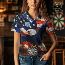 Load image into Gallery viewer, Woman wearing personalized American flag eagle darts team jersey polo shirt featuring patriotic eagle artwork, front view.