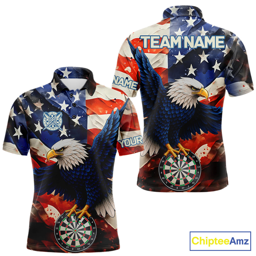 Personalized American flag eagle darts team jersey polo shirt for men featuring patriotic eagle and American flag artwork, premium custom darts league apparel for tournaments and league play.