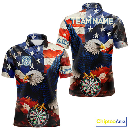 Personalized American flag eagle darts team jersey polo shirt for men featuring patriotic eagle and American flag artwork, premium custom darts league apparel for tournaments and league play.