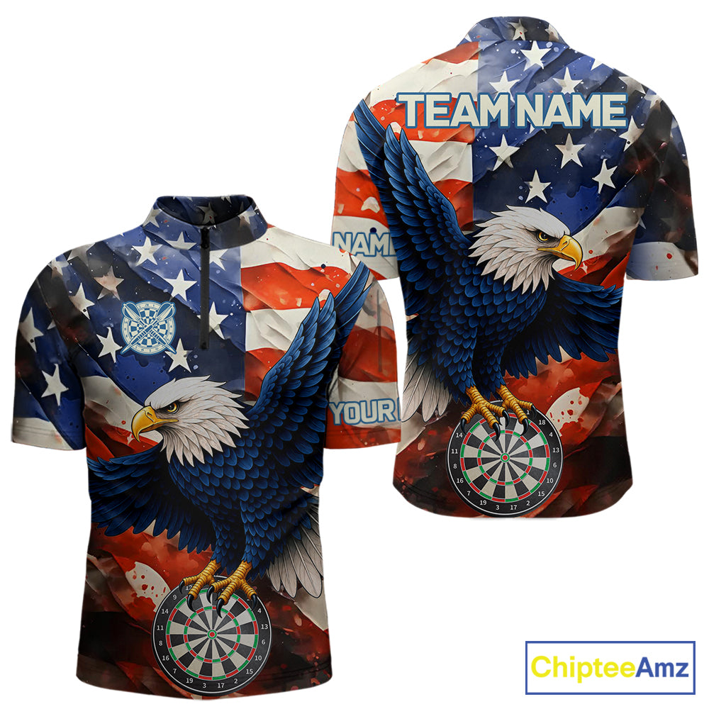 Personalized American flag eagle darts team jersey quarter zip shirt for men featuring bold American flag eagle graphics, premium custom darts apparel.