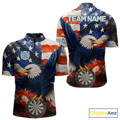 Personalized American flag eagle darts team jersey quarter zip shirt for men featuring bold American flag eagle graphics, premium custom darts apparel.