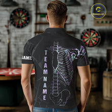Load image into Gallery viewer, Man wearing personalized holographic funny skeleton darts team jersey polo shirt featuring holographic skeleton artwork, back view.