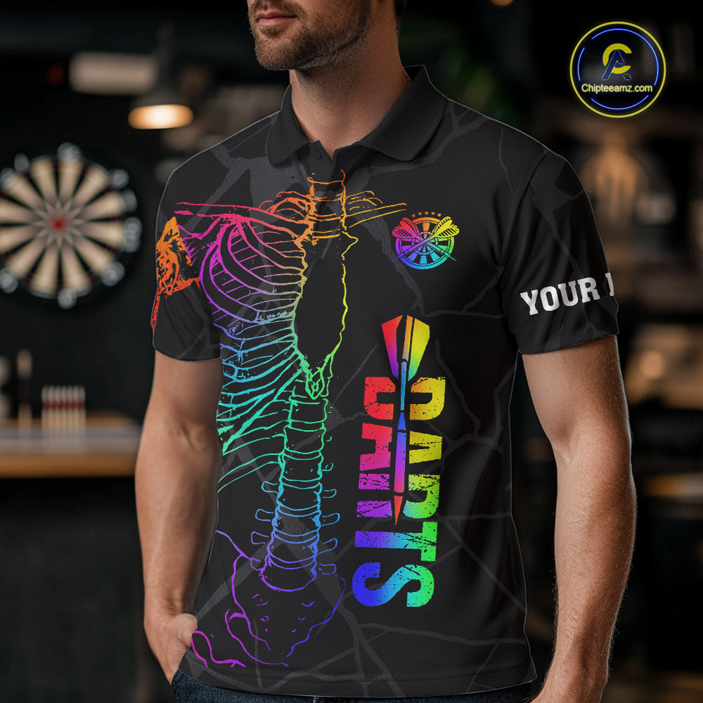 Man wearing colorful rainbow funny skeleton darts team jersey polo shirt featuring rainbow skeleton artwork, front view.