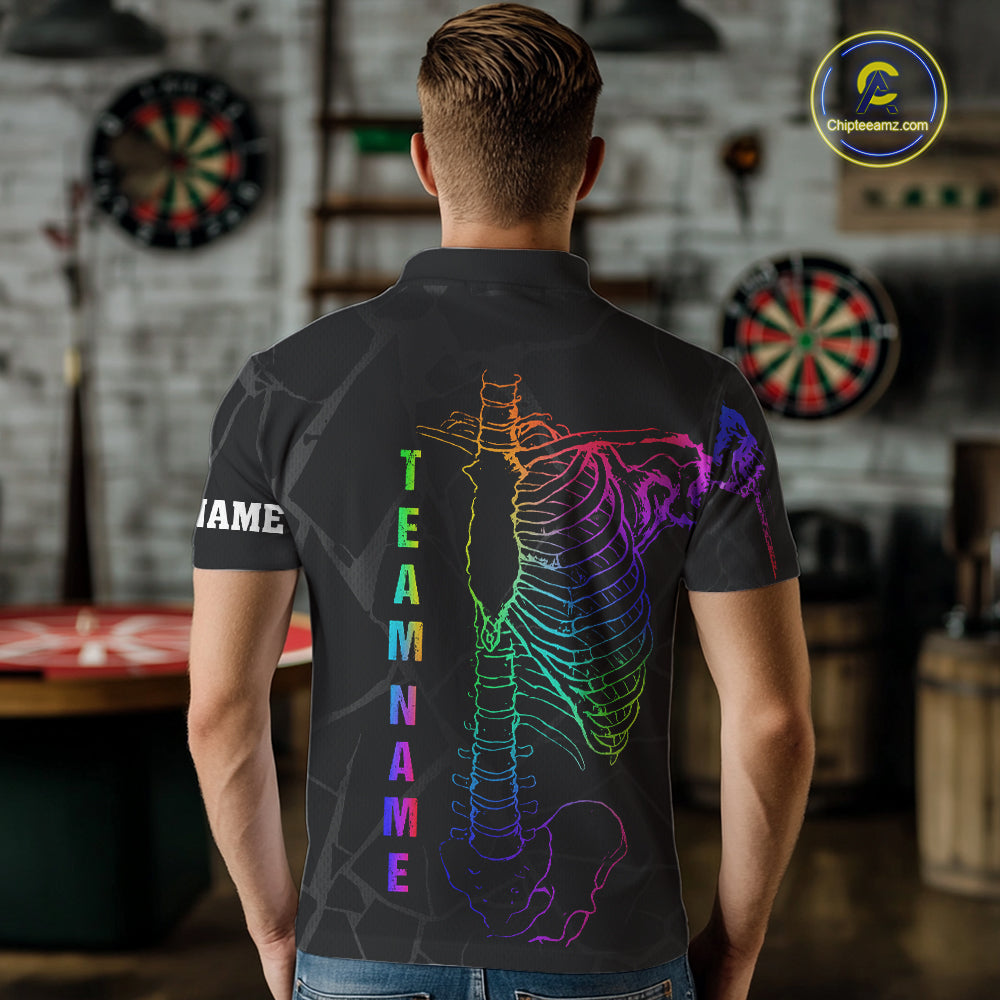 Man wearing colorful rainbow funny skeleton darts team jersey polo shirt featuring rainbow skeleton artwork, back view.