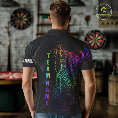 Man wearing colorful rainbow funny skeleton darts team jersey polo shirt featuring rainbow skeleton artwork, back view.