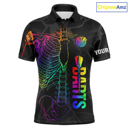 Colorful rainbow funny skeleton darts team jersey polo shirt for men featuring a vibrant rainbow skeleton design, premium custom darts league apparel and unique darts gifts.