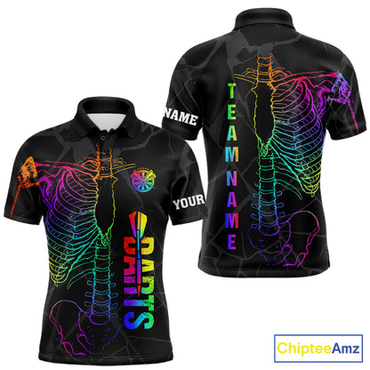 Colorful rainbow funny skeleton darts team jersey polo shirt for men featuring a vibrant rainbow skeleton design, premium custom darts league apparel and unique darts gifts.