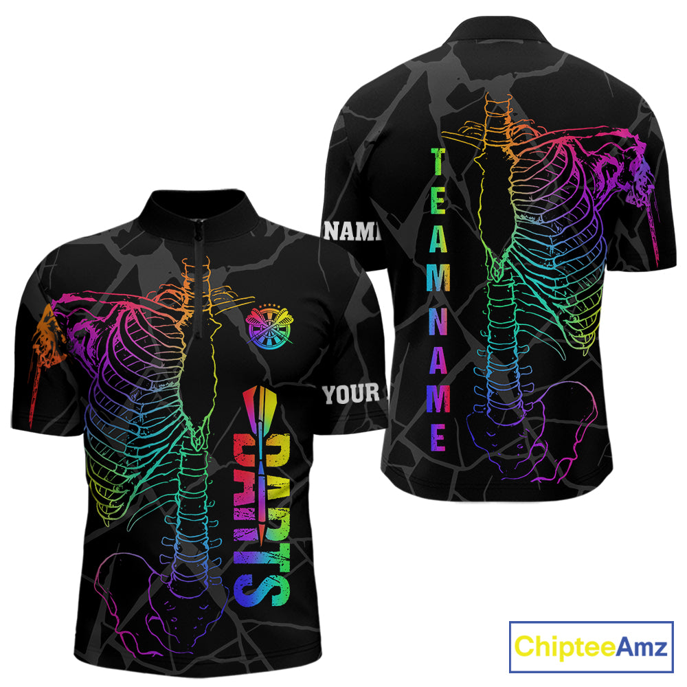 Colorful rainbow funny skeleton darts team jersey quarter zip shirt for men featuring colorful rainbow skeleton artwork, premium custom darts apparel.