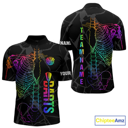 Colorful rainbow funny skeleton darts team jersey quarter zip shirt for men featuring colorful rainbow skeleton artwork, premium custom darts apparel.