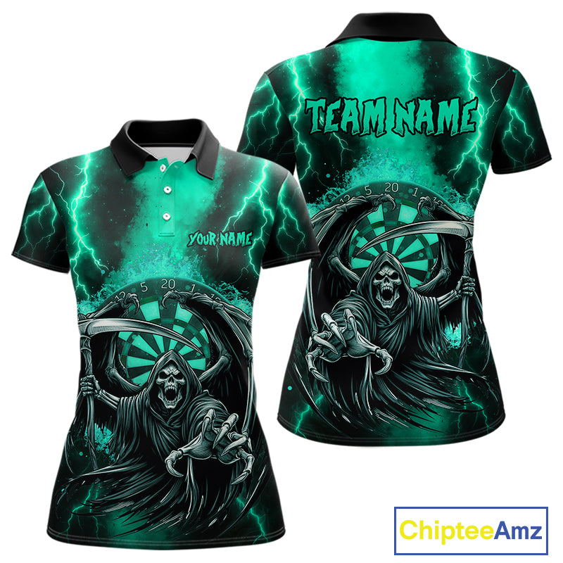 Personalized Turquoise Grim Reaper Thunder Lightning Darts Shirt For Women, 3D Darts Team Jerseys TDM4589