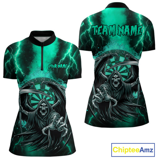 Personalized Turquoise Grim Reaper Thunder Lightning Darts Shirt For Women, 3D Darts Team Jerseys TDM4589