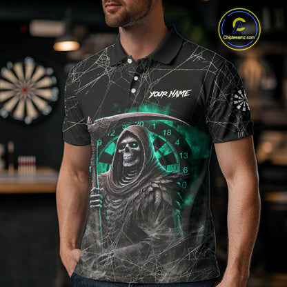 Black And Turquoise Smoke Grim Reaper Dart Shirts For Men Custom Halloween Darts Jersey Outfit TDM4590