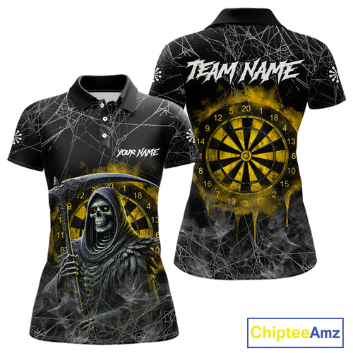 Black And Yellow Smoke Grim Reaper Dart Shirts For Women Custom Halloween Darts Jersey Outfit TDM4591