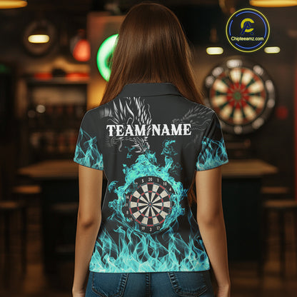 Personalized Turquoise Flaming Dragon Darts Shirt For Women Custom Darts Team Jersey Polo & 1/4 Zip TDM4592