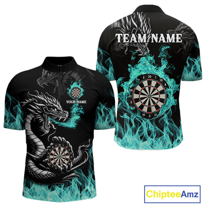 Personalized Turquoise Flaming Dragon Darts Shirt For Men Custom Darts Team Jersey Polo & 1/4 Zip TDM4592