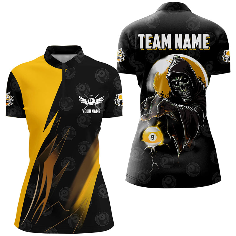 Personalized Yellow Black Grim Reaper 9 Ball Billiard Shirts For Women, 9 Ball Pool Team Jerseys TDM2503