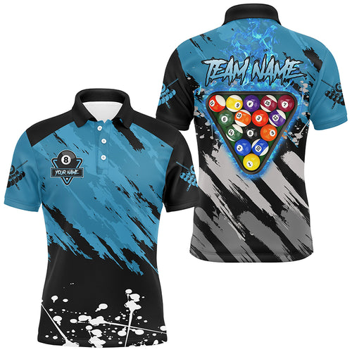 Personalized Blue Billiard Ball 8 Burning Rack Polo & Quarter-Zip Shirts For Men, Billiard Jerseys TDM3002