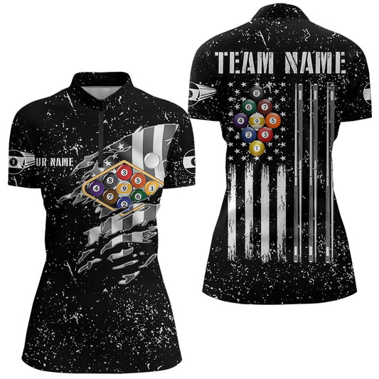 Personalized Black Grunge US Flag Billiard Balls Polo, 1/4 Zip For Women, 9 Ball Pool Billiard Jersey TDM3574