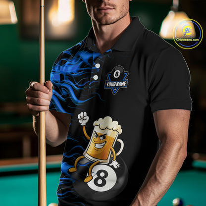 Blue Flaming Funny Beer 8 Ball Billiard Shirt For Men Custom Pool Team Jersey Polo & 1/4 Zip TDM5937