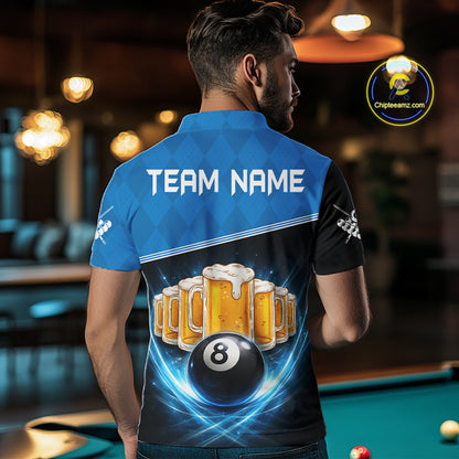 Black And Blue Funny Beer 8 Ball Billiard Jersey For Men Custom Pool Team Shirt Polo & 1/4 Zip TDM5942