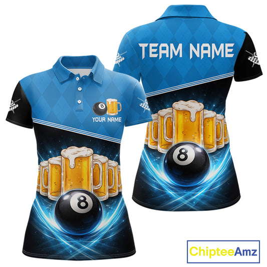 Black And Blue Funny Beer 8 Ball Billiard Jersey For Women Custom Pool Team Shirt Polo & 1/4 Zip TDM5942